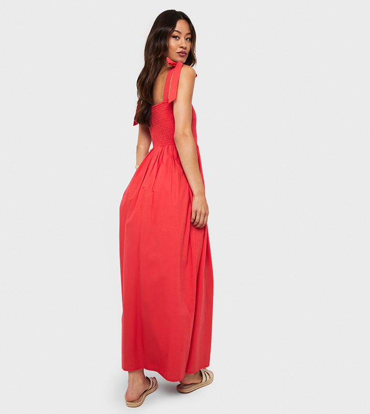Tall Tie Strap Shirred Poplin Maxi Dress