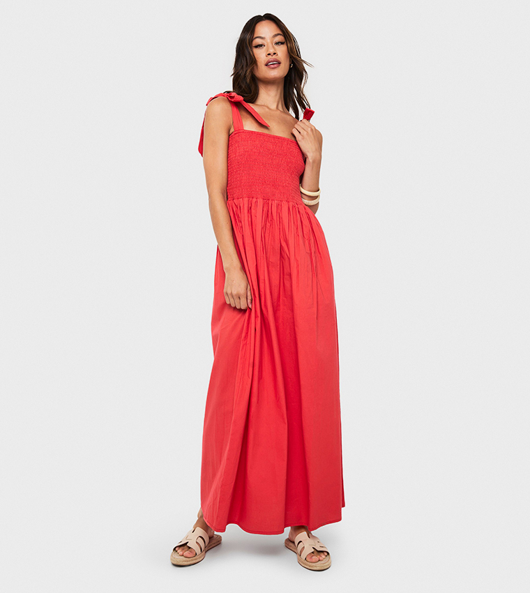 Tall Tie Strap Shirred Poplin Maxi Dress