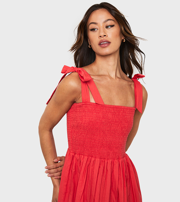 Tall Tie Strap Shirred Poplin Maxi Dress