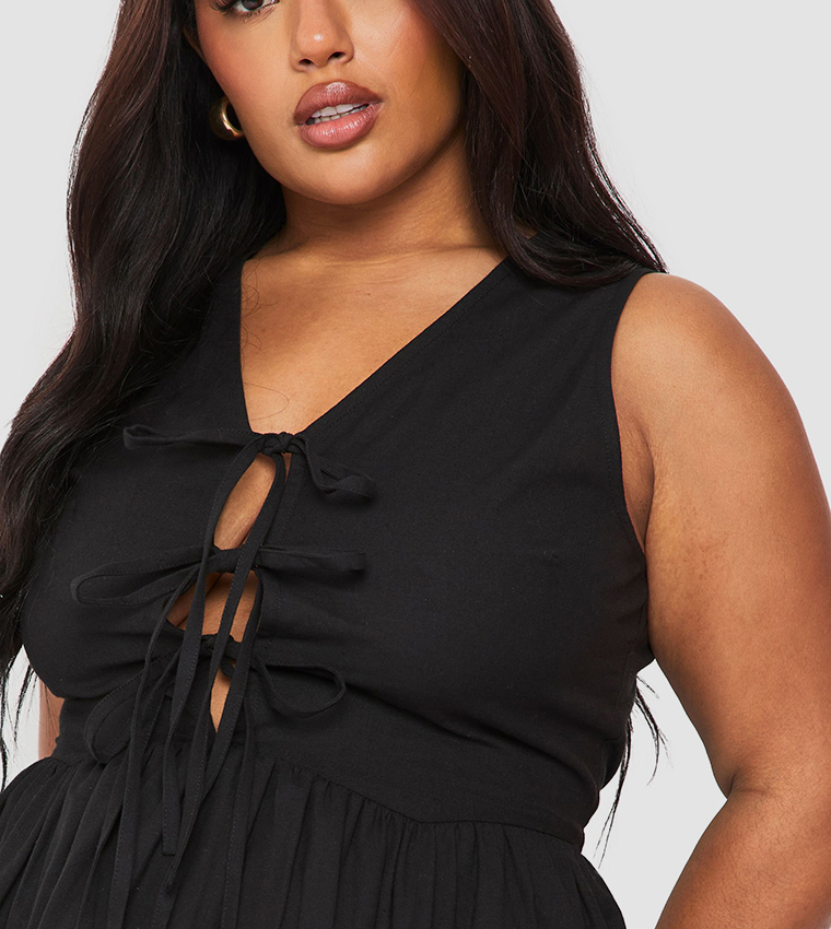 Buy Boohoo Curve Linen Tie Front Dress In Black | 6thstreet Saudi Arabia