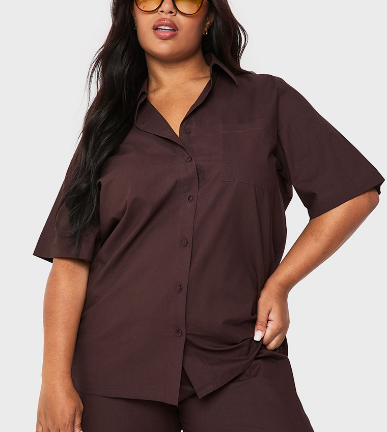 قميص بوبلين قطن بأكمام قصيرة للمقاسات الكبيرة