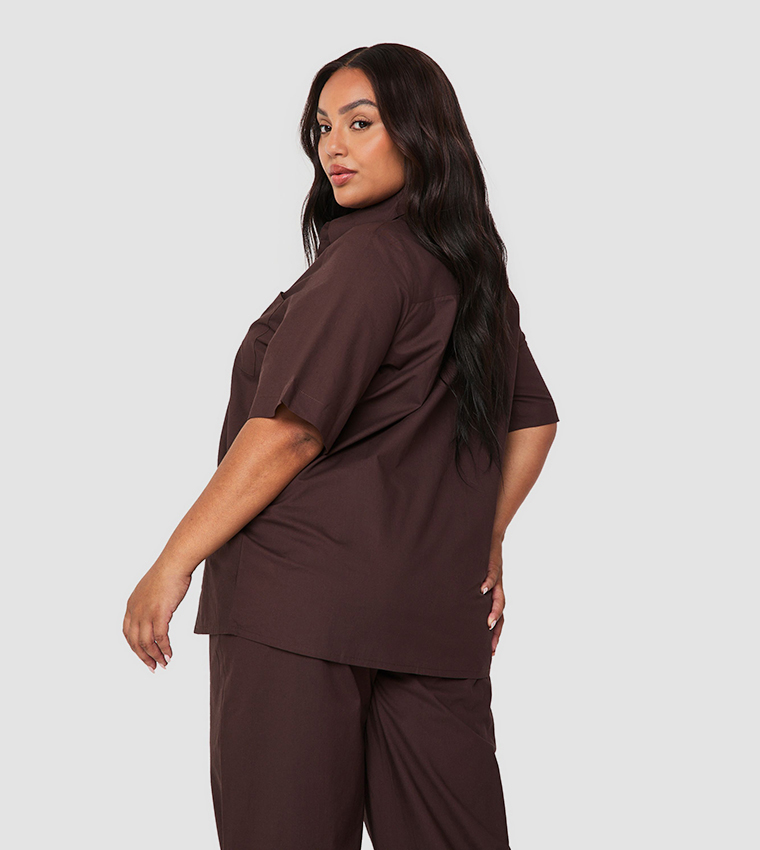 قميص بوبلين قطن بأكمام قصيرة للمقاسات الكبيرة