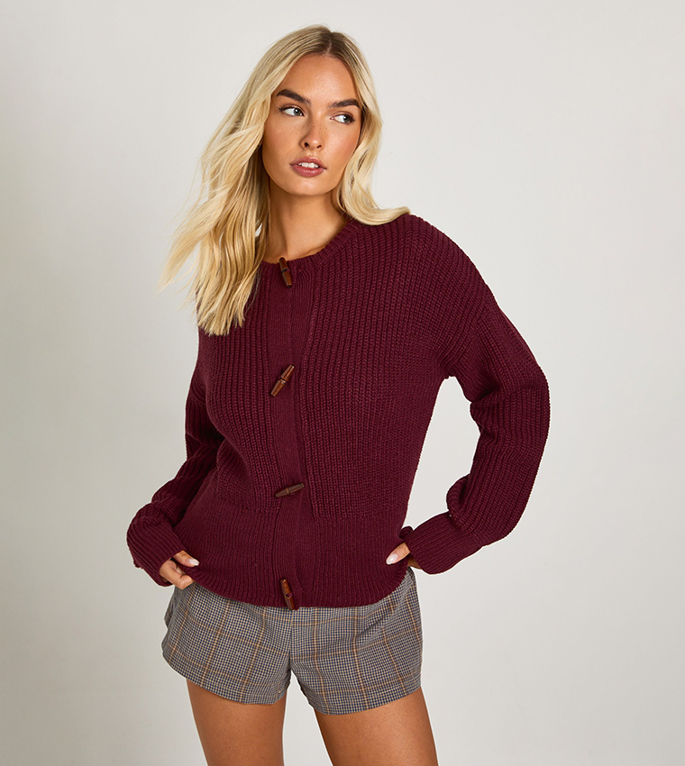 Toggle Button Crew Neck Knit Cardigan