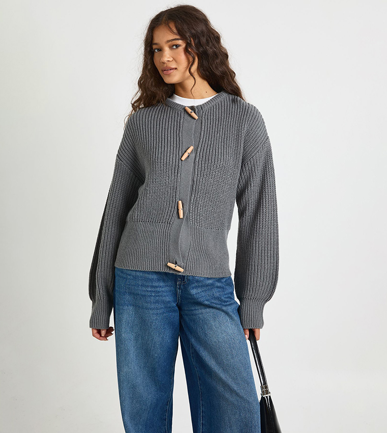 Toggle Button Crew Neck Knit Cardigan