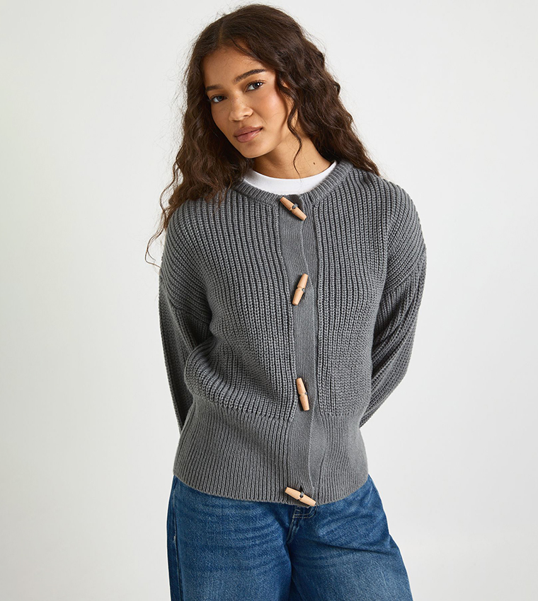 Toggle Button Crew Neck Knit Cardigan