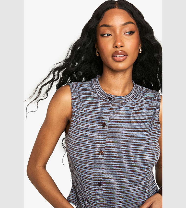 Striped Jersey Asymmetric Button Sleeveless Top