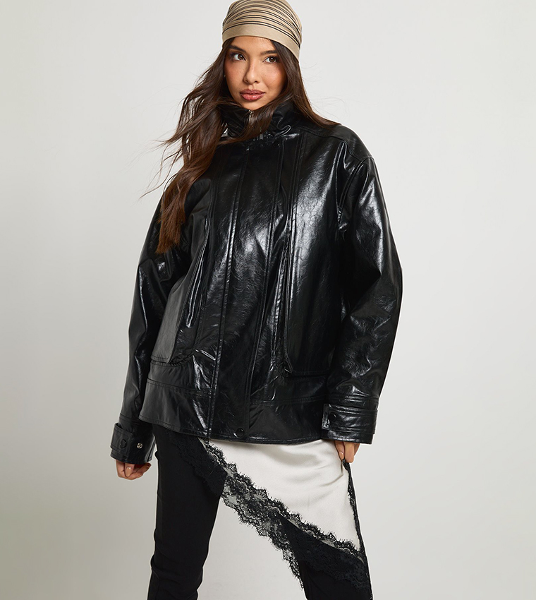 Teddy Lined Faux Leather Bomber Jacket