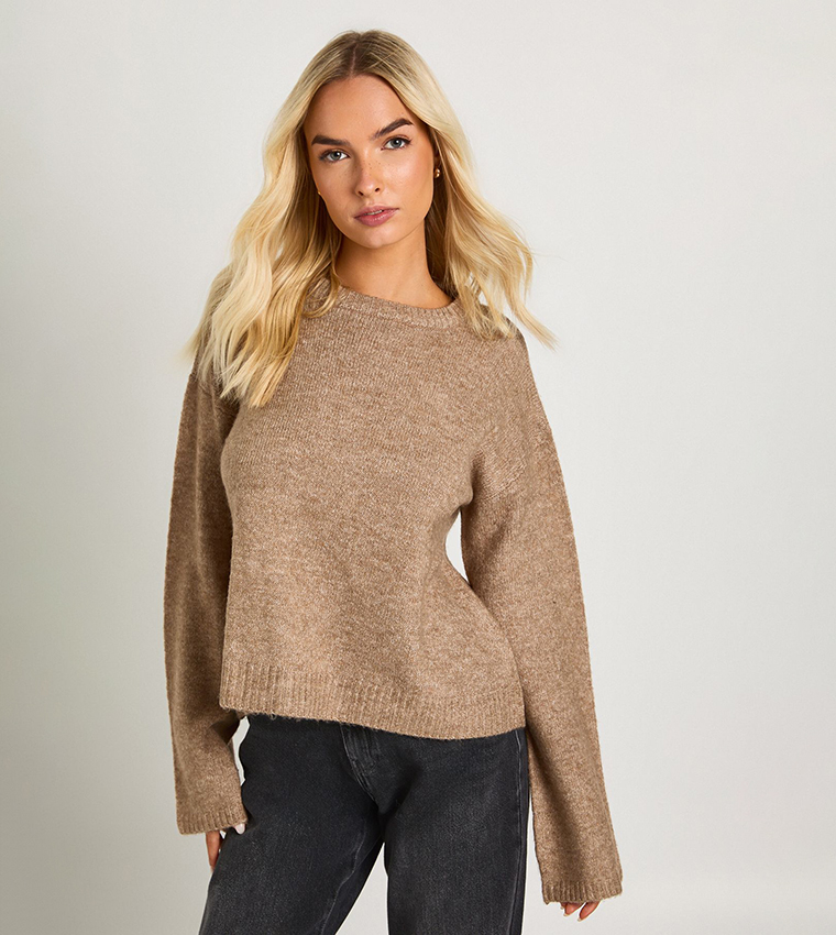بوهو  سترات بياقة دائرية - بيج Round Neck Sweaters