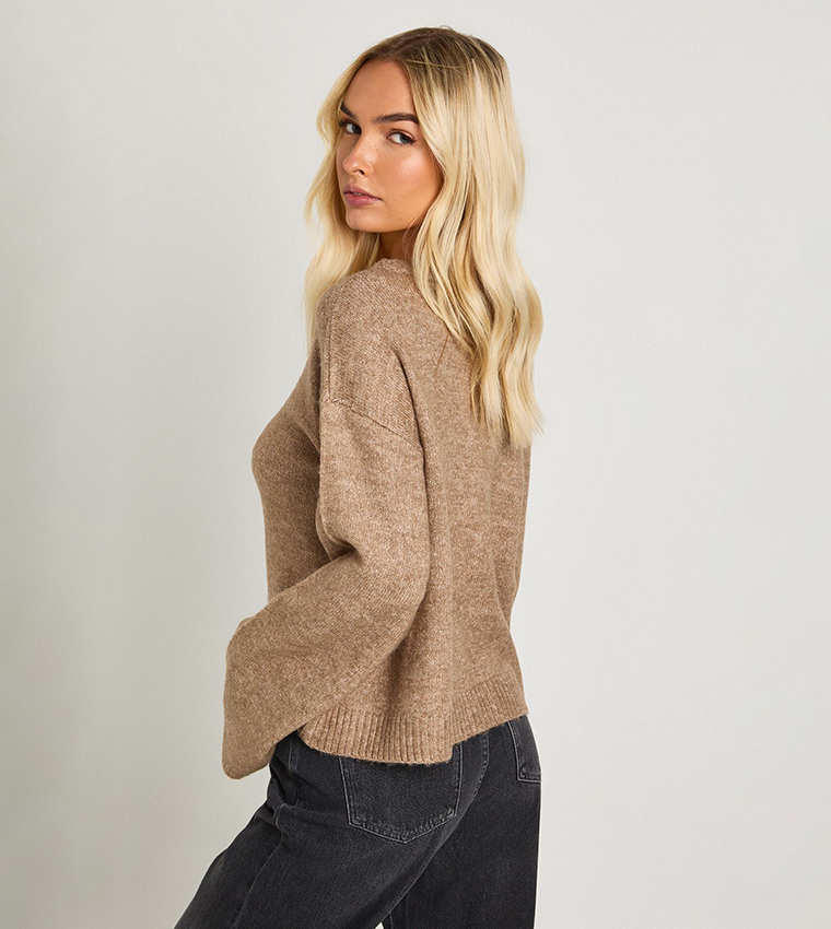 بوهو  سترات بياقة دائرية - بيج Round Neck Sweaters