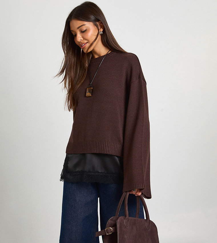 بوهو  سترات بياقة دائرية - بني  Round Neck Sweaters