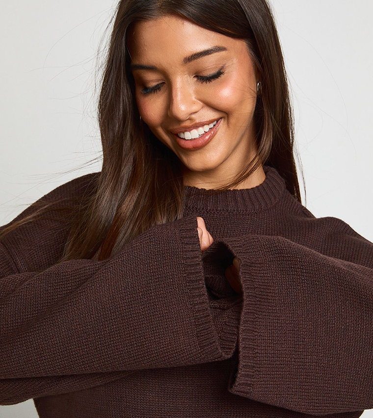 بوهو  سترات بياقة دائرية - بني  Round Neck Sweaters