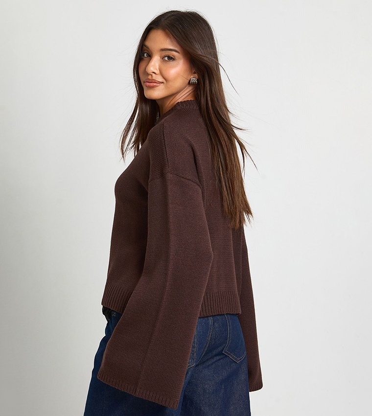 بوهو  سترات بياقة دائرية - بني  Round Neck Sweaters