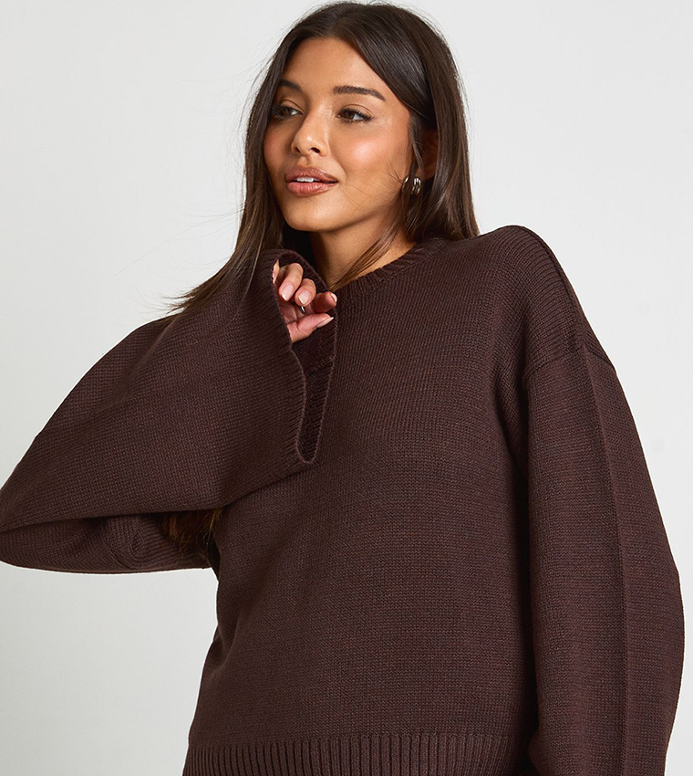 بوهو  سترات بياقة دائرية - بني  Round Neck Sweaters