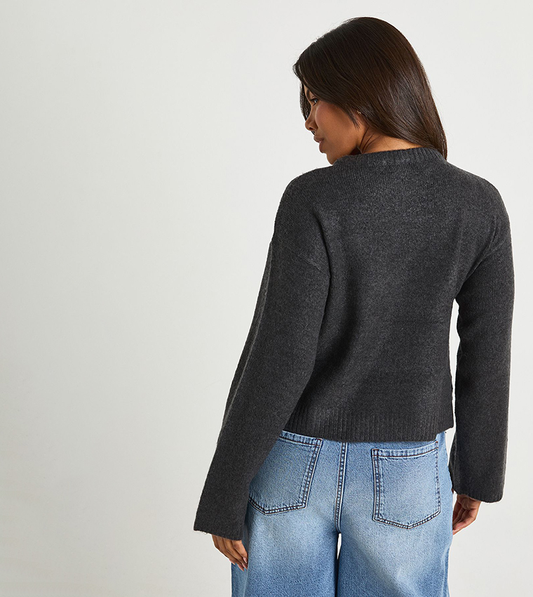 بوهو  سترات بياقة دائرية - رمادي Round Neck Sweaters