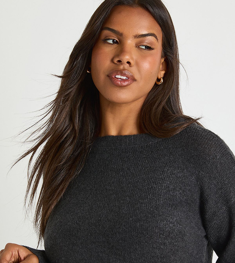 بوهو  سترات بياقة دائرية - رمادي Round Neck Sweaters