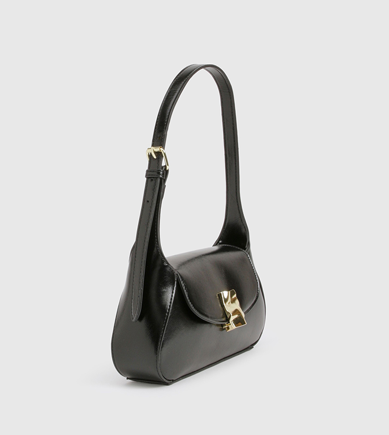 حقيبة كتف ذهبية بمشبك أمامي