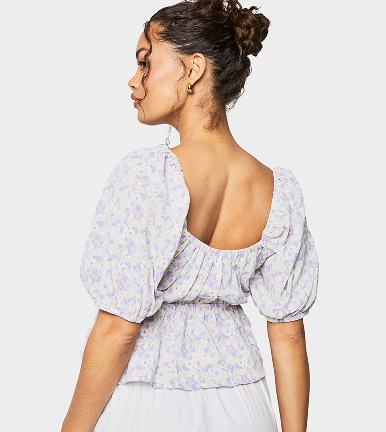 Floral Print Puff Sleeves Smock Crop Top