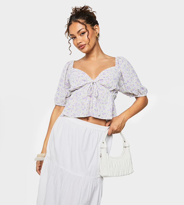 Floral Print Puff Sleeves Smock Crop Top