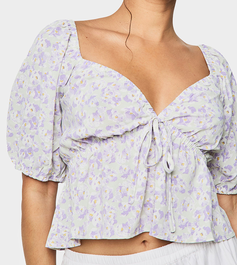 Floral Print Puff Sleeves Smock Crop Top
