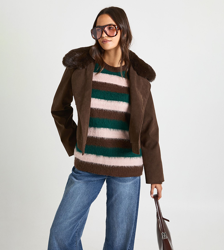 Short Suede Look Trench Coat with Fur Collar