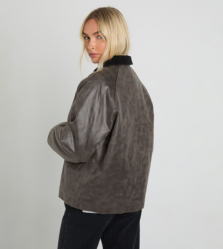 Suede Look Contrast Stitching Collared Jacket