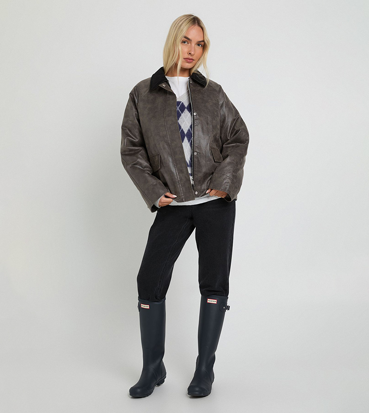 Suede Look Contrast Stitching Collared Jacket