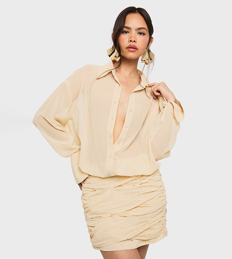 Buy Boohoo Chiffon Drop Waist Ruched Shirt Dress In Cream | 6thStreet UAE