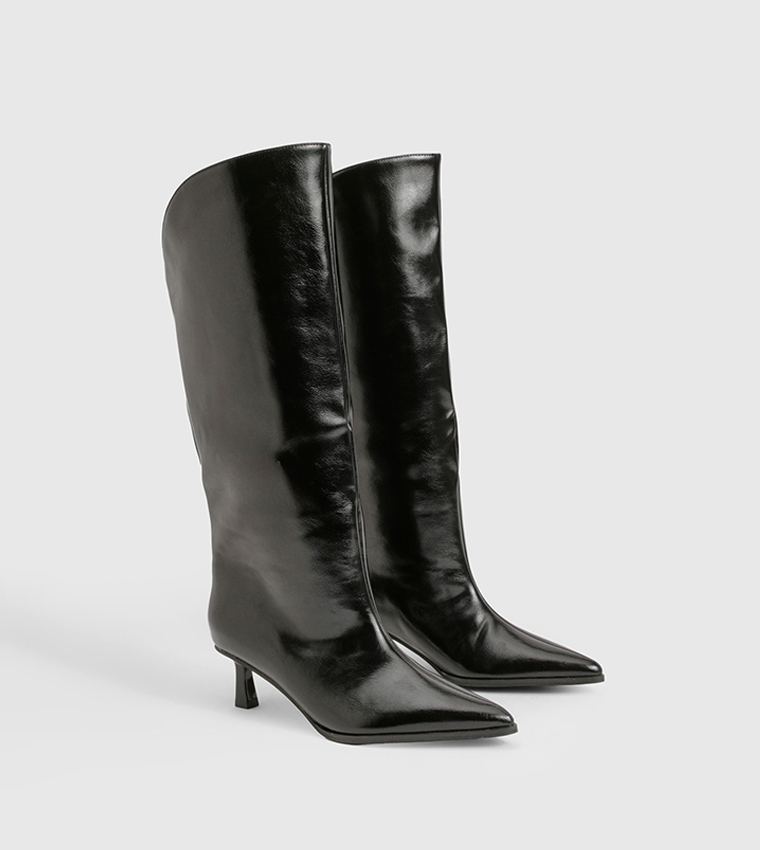 Curved Edge Column Kitten Heel Knee High Boots
