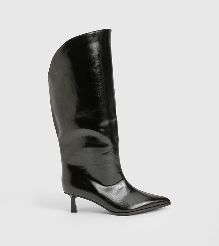 Curved Edge Column Kitten Heel Knee High Boots