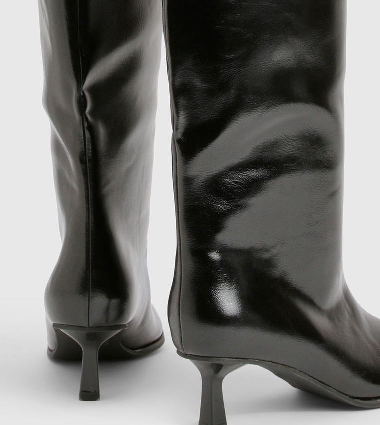 Curved Edge Column Kitten Heel Knee High Boots