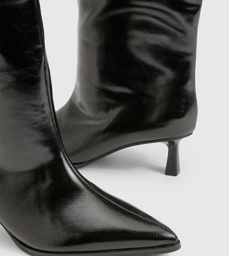 Curved Edge Column Kitten Heel Knee High Boots