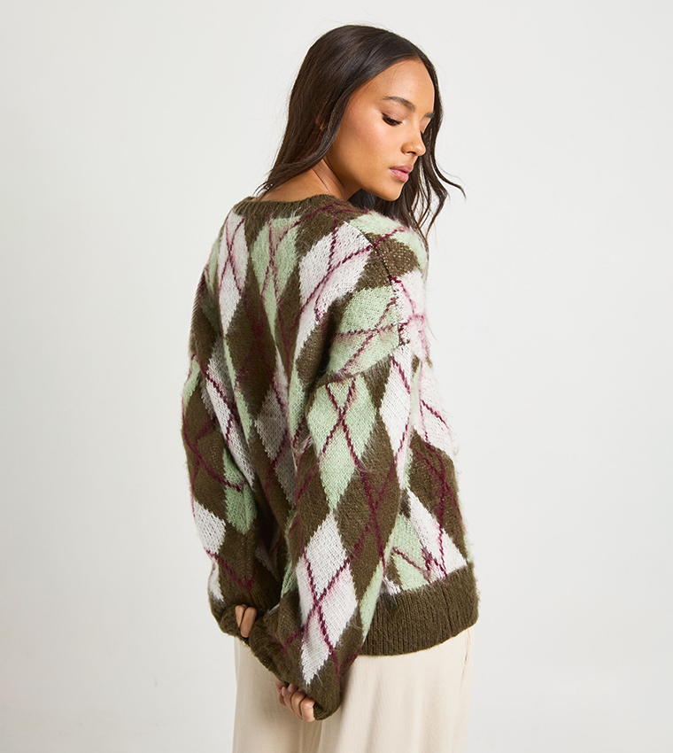 Argyle Patterned Knitted Oversized Sweater