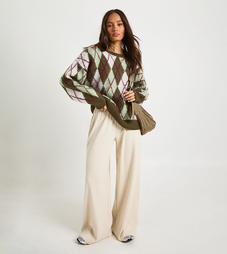 Argyle Patterned Knitted Oversized Sweater