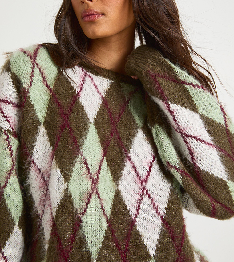 Argyle Patterned Knitted Oversized Sweater
