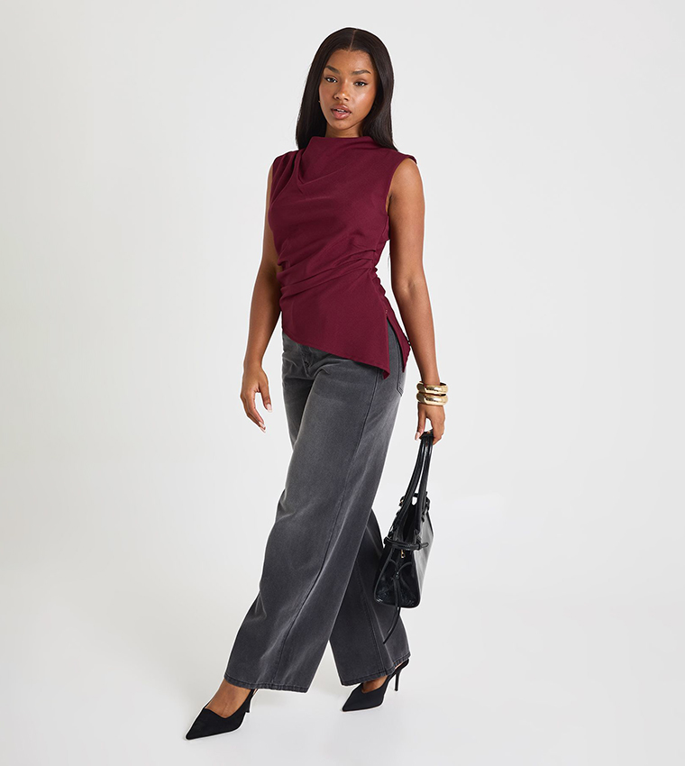 Solid Ruched Asymmetric Top