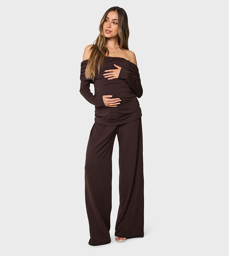 Strapless Ruched Maternity  Top and Wide Leg Trouser Set