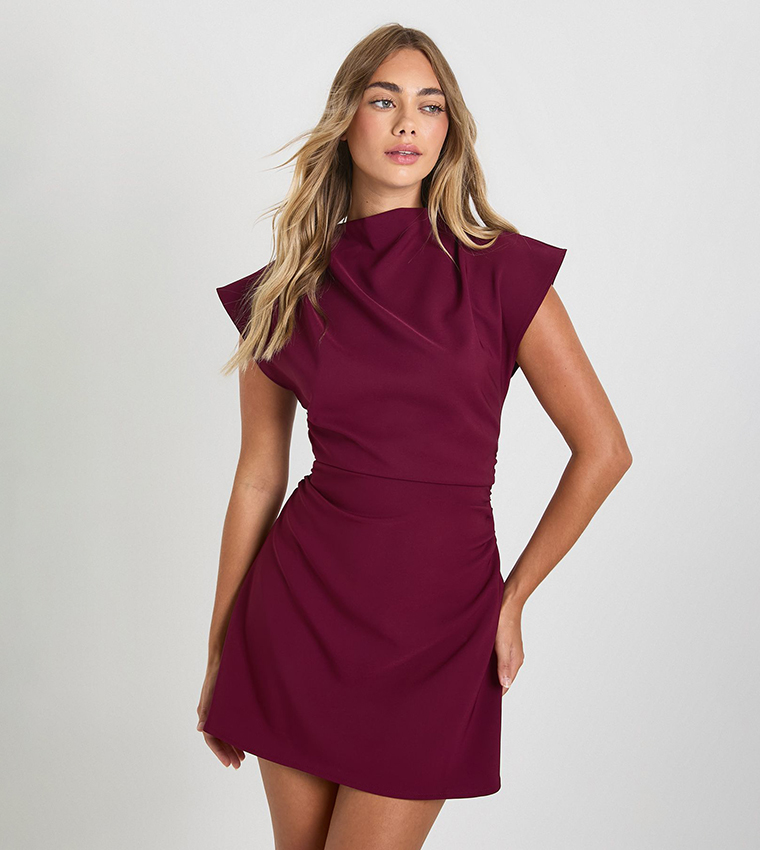 Ruched High Neck Cap Sleeves Shift Mini Dress