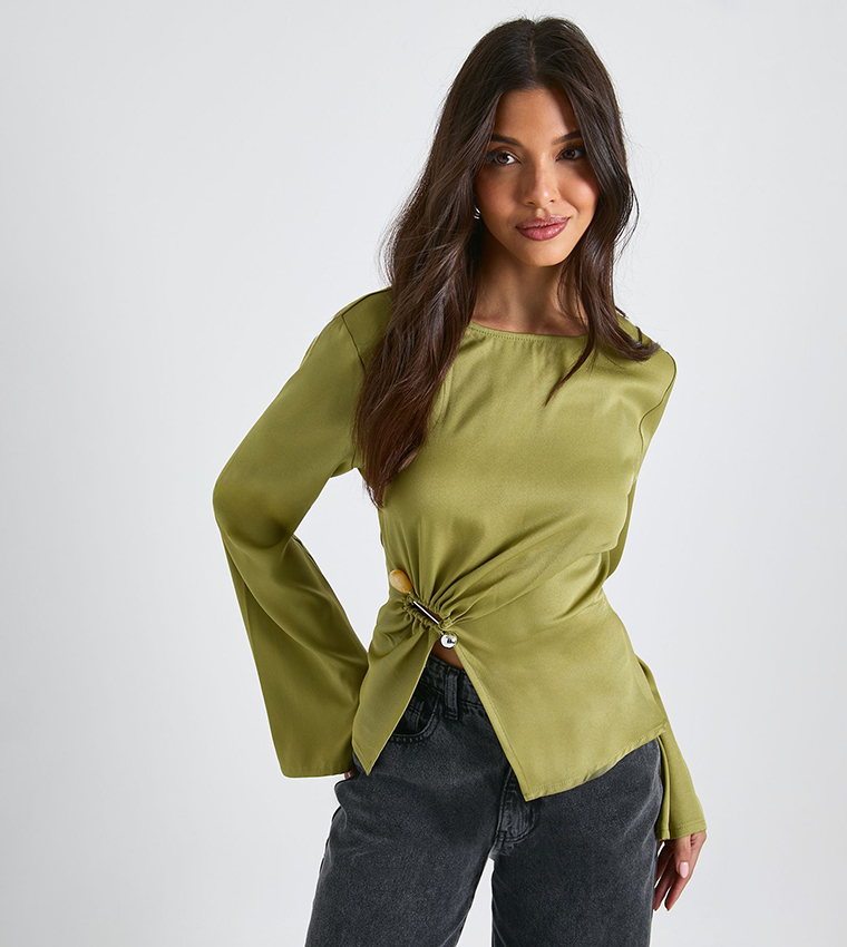 Flared Sleeves Gold Trim Detail Top