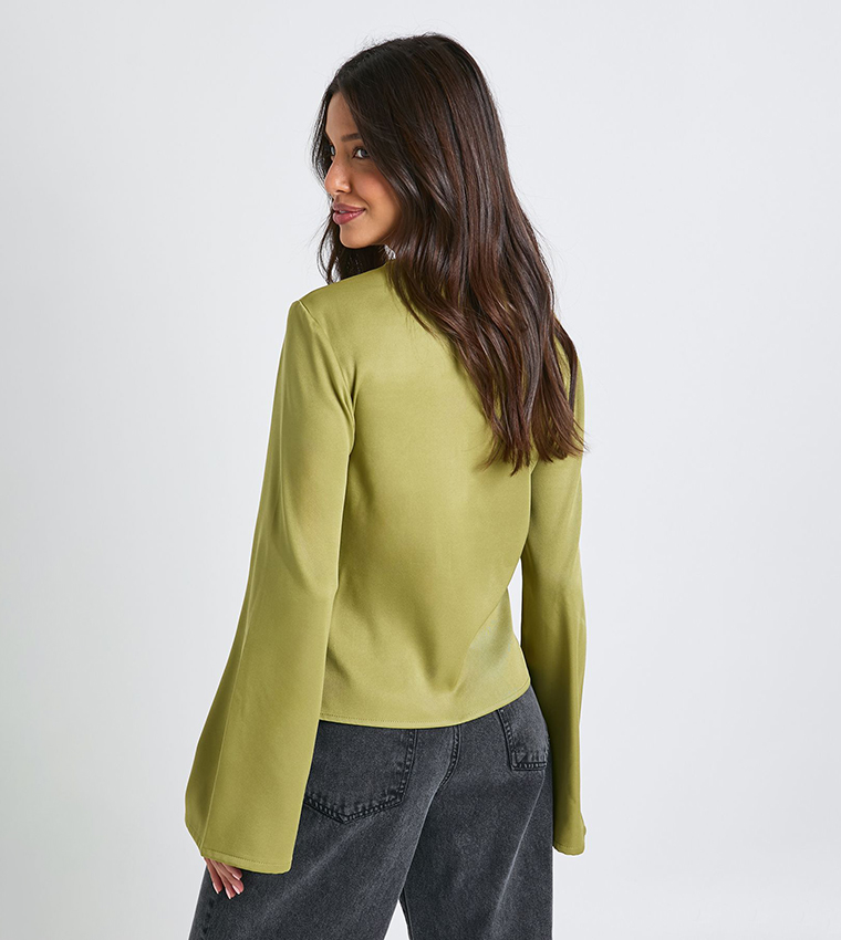 Flared Sleeves Gold Trim Detail Top