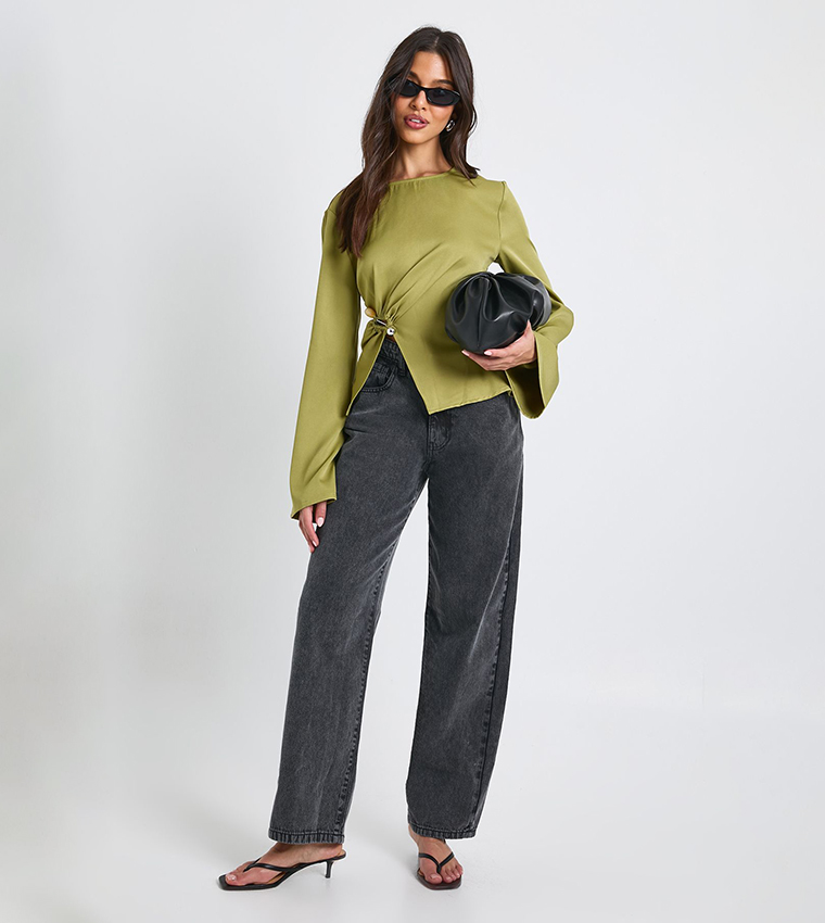 Flared Sleeves Gold Trim Detail Top