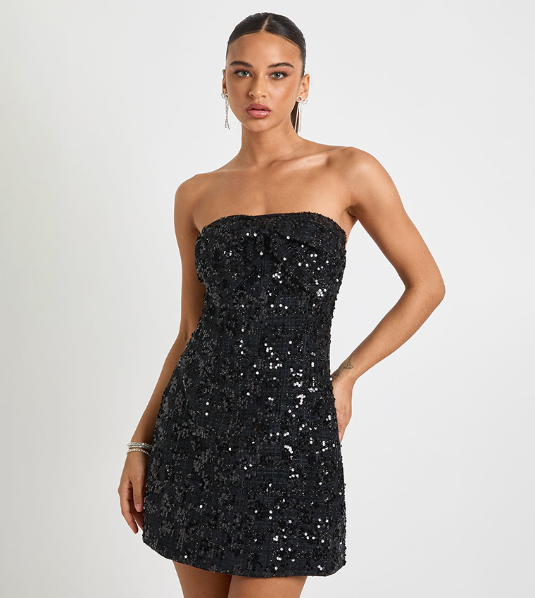 Sequinned Boucle Strapless Shift Mini Dress