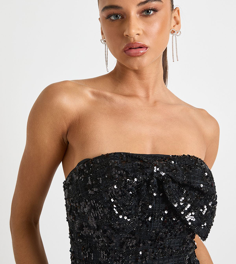Sequinned Boucle Strapless Shift Mini Dress