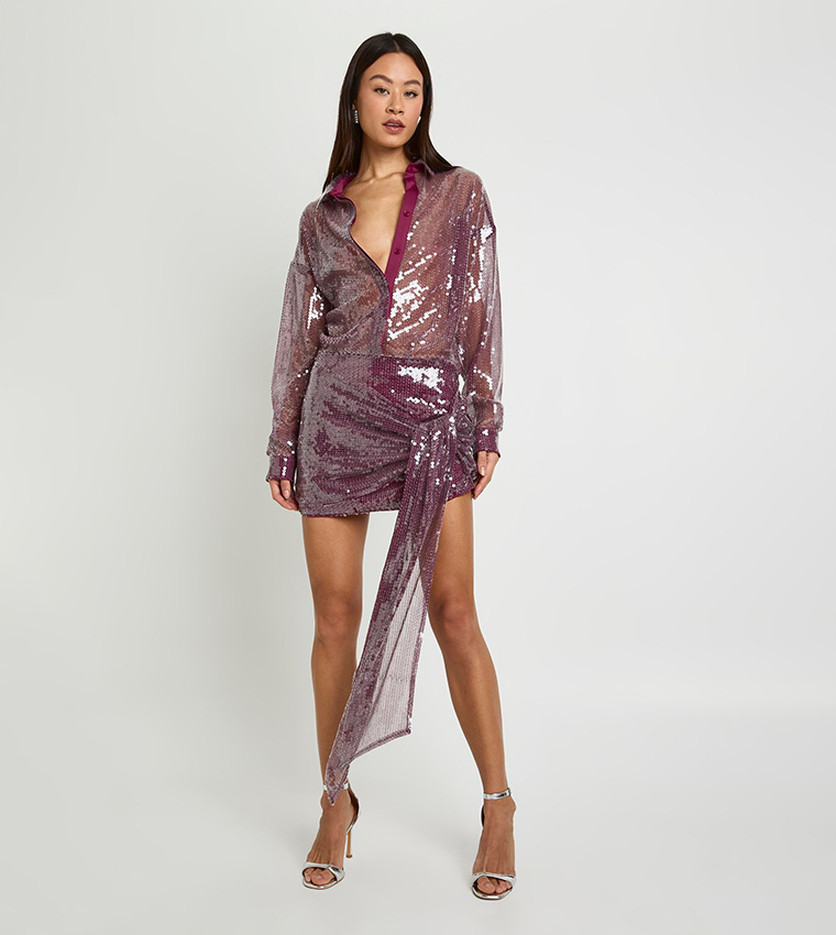 Tall Sheer Sequined Draped Mini Shirt Dress