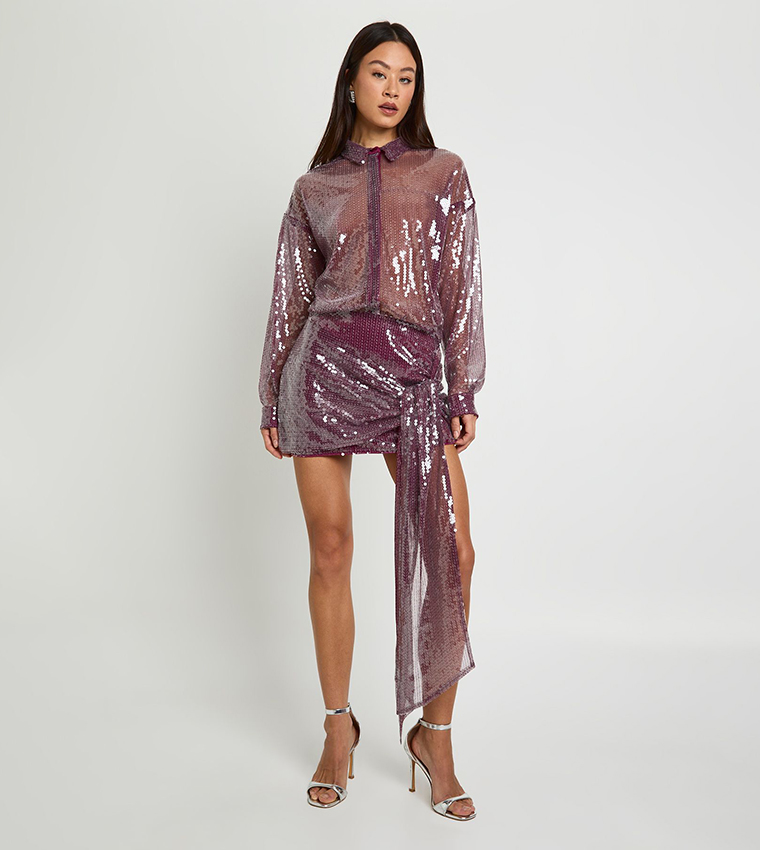 Tall Sheer Sequined Draped Mini Shirt Dress
