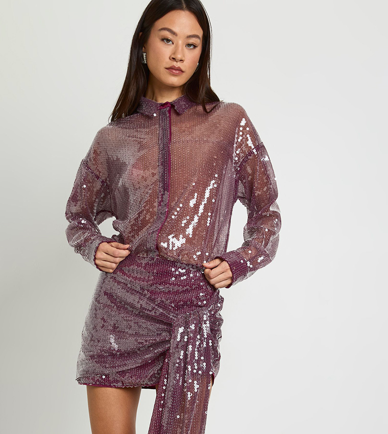 Tall Sheer Sequined Draped Mini Shirt Dress