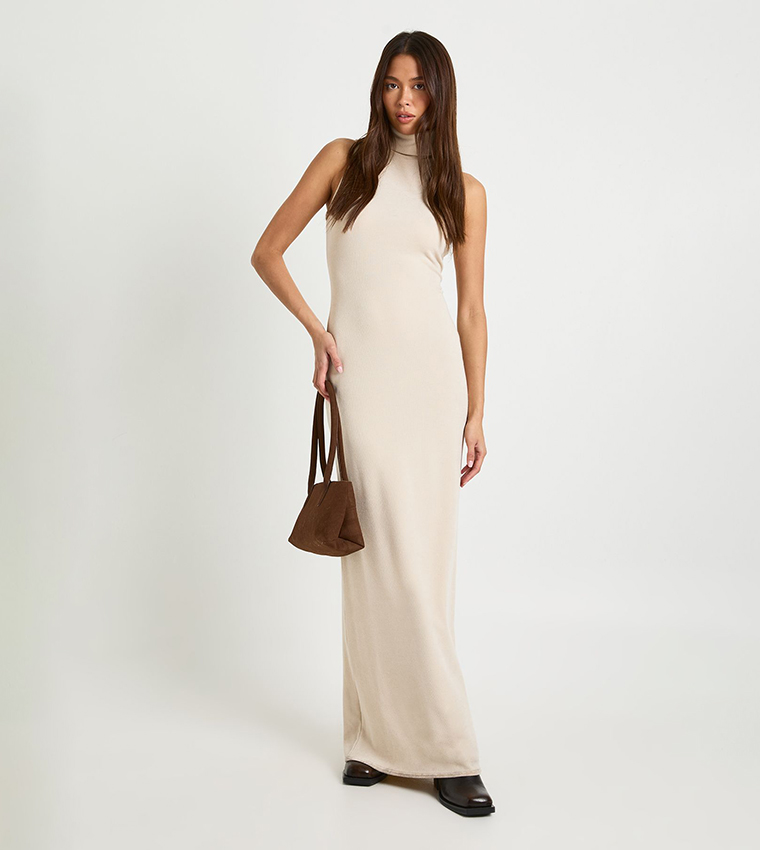 Ribbed Sleeveless High Neck Maxi Dress