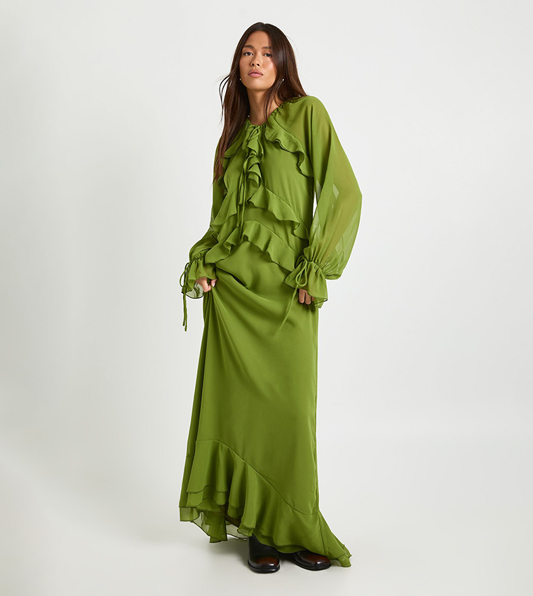 boohoo green ruffle dress Green Floral Ruffle Detail Smock Maxi Dress