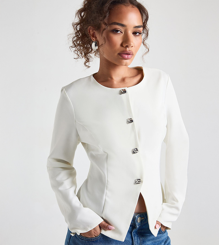 Silver Trim Collarless Blazer