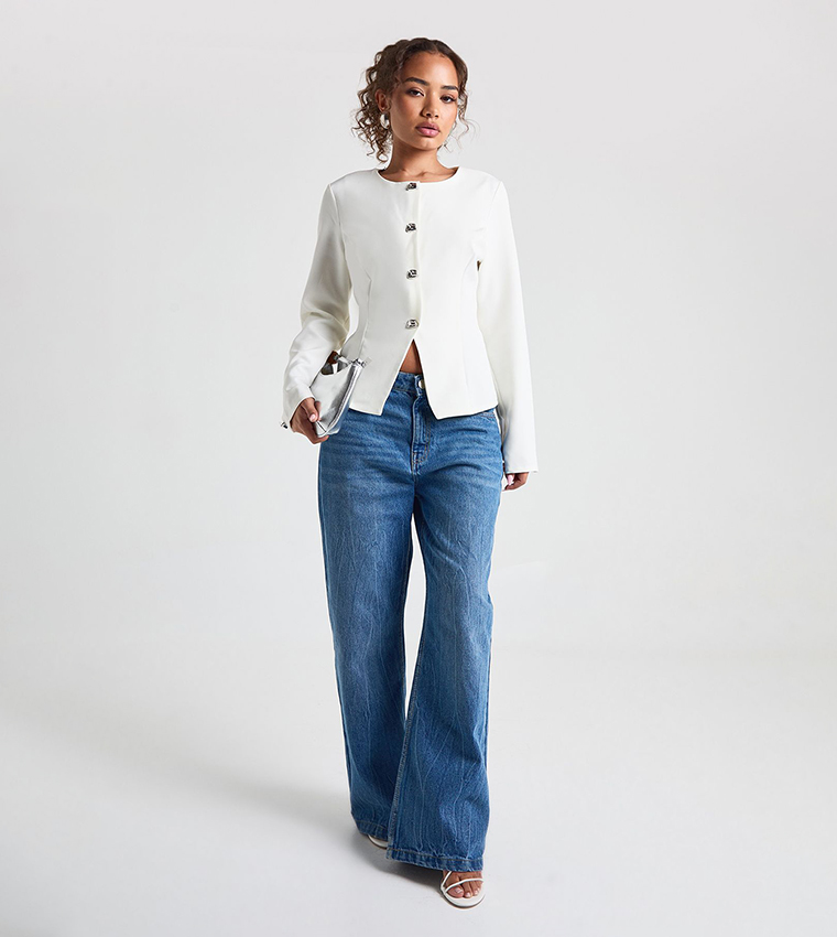 Silver Trim Collarless Blazer