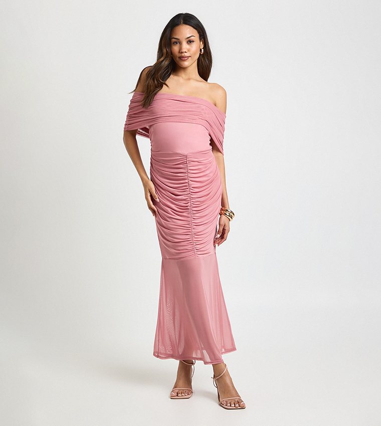 Maternity Ruched Bardot Mesh Hem Midaxi Dress